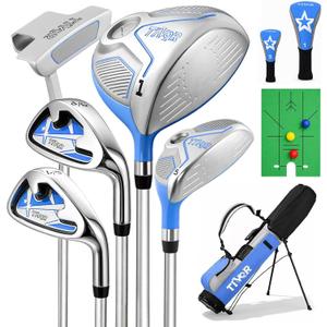 Kids Golf Clubs Set for Ages 9-12,Right Left Handed Youth Golf Clubs Set with 400cc Driver, Hybrid, 7 Iron, 9 Iron, Wedge, Putter, Stand Bag & 2 Headcovers,Junior Golf Clubs,Blue Yellow Pink