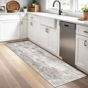 2x6 Washable Non-Slip Hallway Runner Rug  Modern Abstract Soft Carpet Runner for Kitchen, Bedroom with Rubber Backing  Low-Pile Thin Stain-Resistant Rug for Laundry Room, Entryway  Beige/Grey