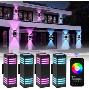 Outdoor Wall Lights 4 Pack, RGBCW Smart Porch Lights with Various Scene Modes, Waterproof Dimmable Up and Down Lights Outdoor, DIY Lighting Effects, Compatible with Alexa, Google Assistant (Black)