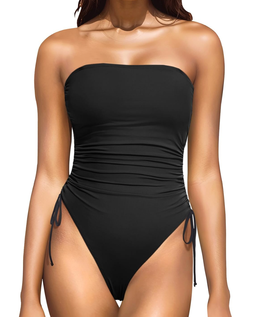 Yonique Women Strapless One Piece Swimsuit Tummy Control Bandeau Bathing Suit Cheeky Swimwear L