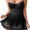 Lilosy Sexy Garter Belt Mesh Lace Babydoll Lingerie Dress Set with Thong (Small, Black)