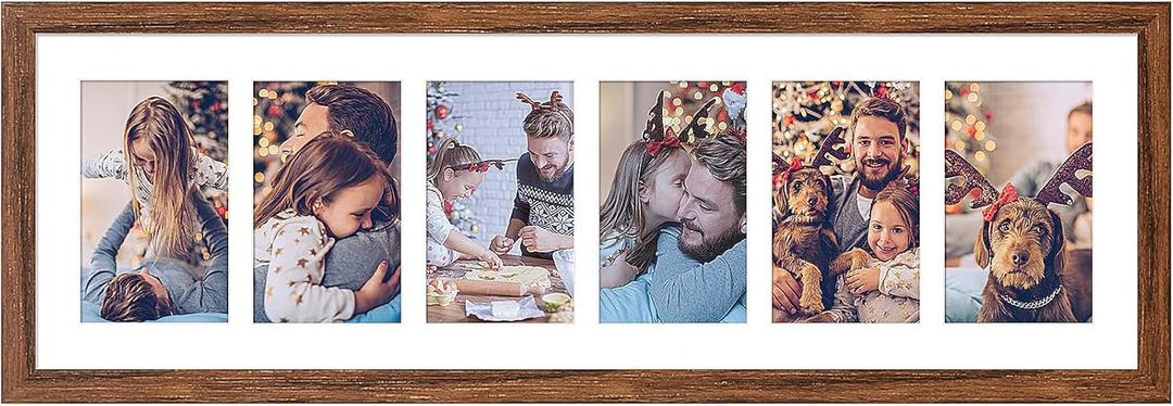 8x26 Collage frame with 6 Openings 4X6 Pictures, Multiple Picture Frame with Mat, Wall or Tabletop Decor, Carbonized Brown Wood Grain (1 Pack)