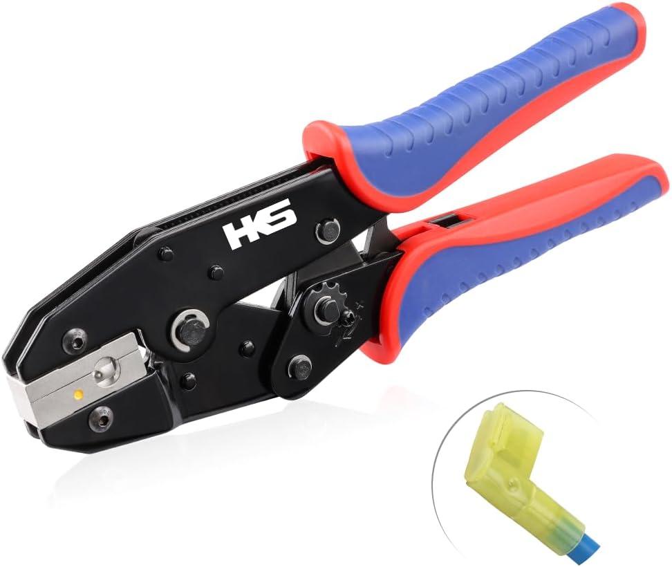 HKS Crimping Tool for Insulated Flag Terminals - Ratcheting Wire Crimpers -12-10AWG (4-6mm) - Ratchet Terminal Crimper - Electrical Crimping Tool