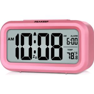 Peakeep Night Light Alarm Clock Battery Operated with Indoor Temperature, Desk Digital Clock for Kids Girls Bedrooms (Pink)