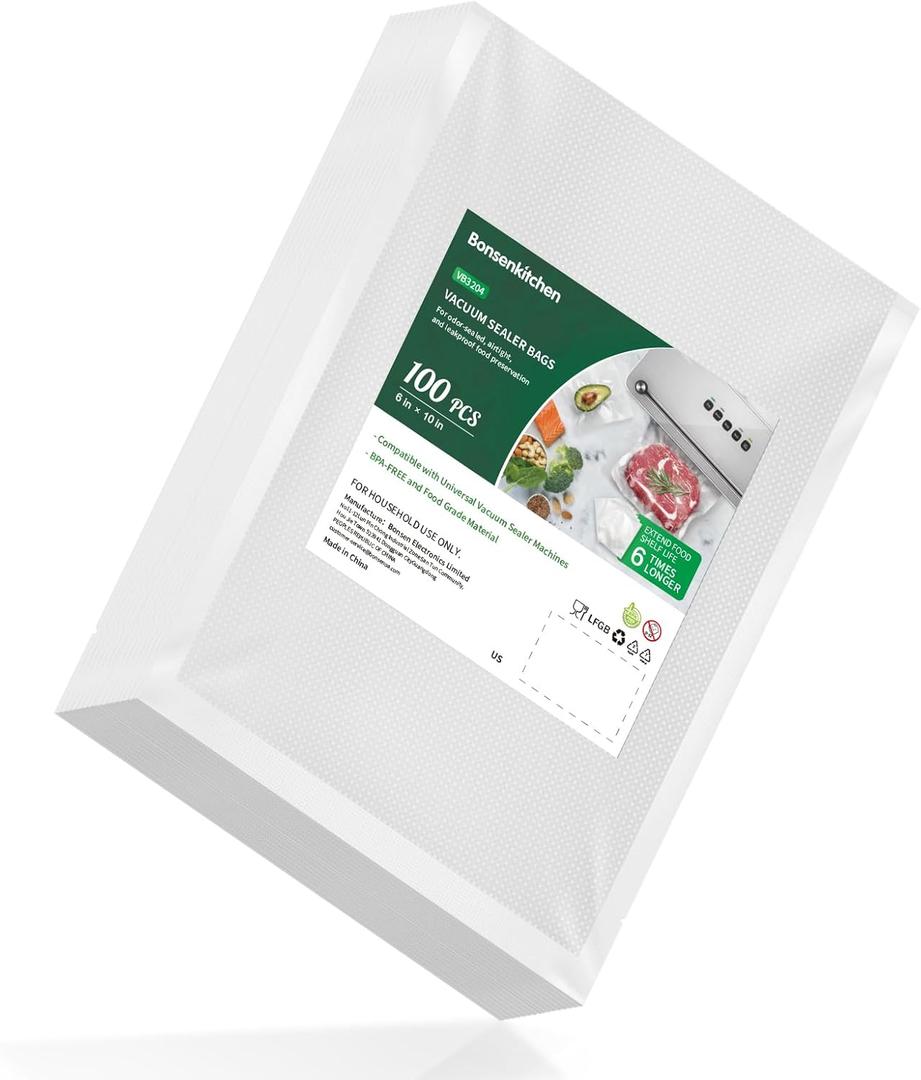 Bonsenkitchen Precut Vacuum Food Sealer Bags 100 Pint 6" x 10", BPA Free, Commercial Grade Textured Food Vacuum Sealer Bag, Thick Embossed Bags for Food Storage and Sous Vide Cooking VB3204 (Pint Size 6 "x 10" (100count))