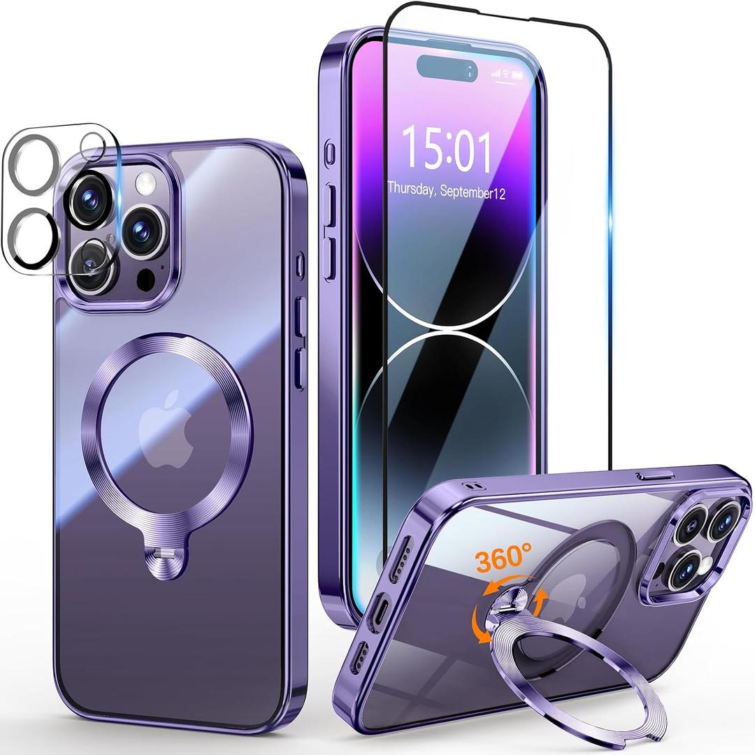 [Tri-Shield Protection] for iPhone 14 Pro Max Case with 360 Spin Stand Compatible with MagSafe [Magnetic CD Ring][Screen & Camera Lens Protector]Shockproof Plating Never-Yellowing, Purple-6.7"