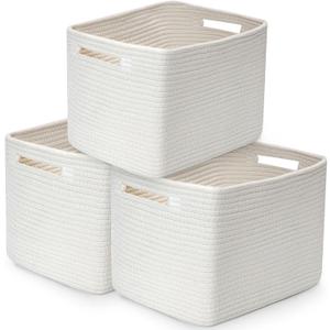 3 Pack Shelf Woven Storage Basket, 15 x 10 x 9 Closet Rope Baskets For Organizing, Square Bins with Handles, White