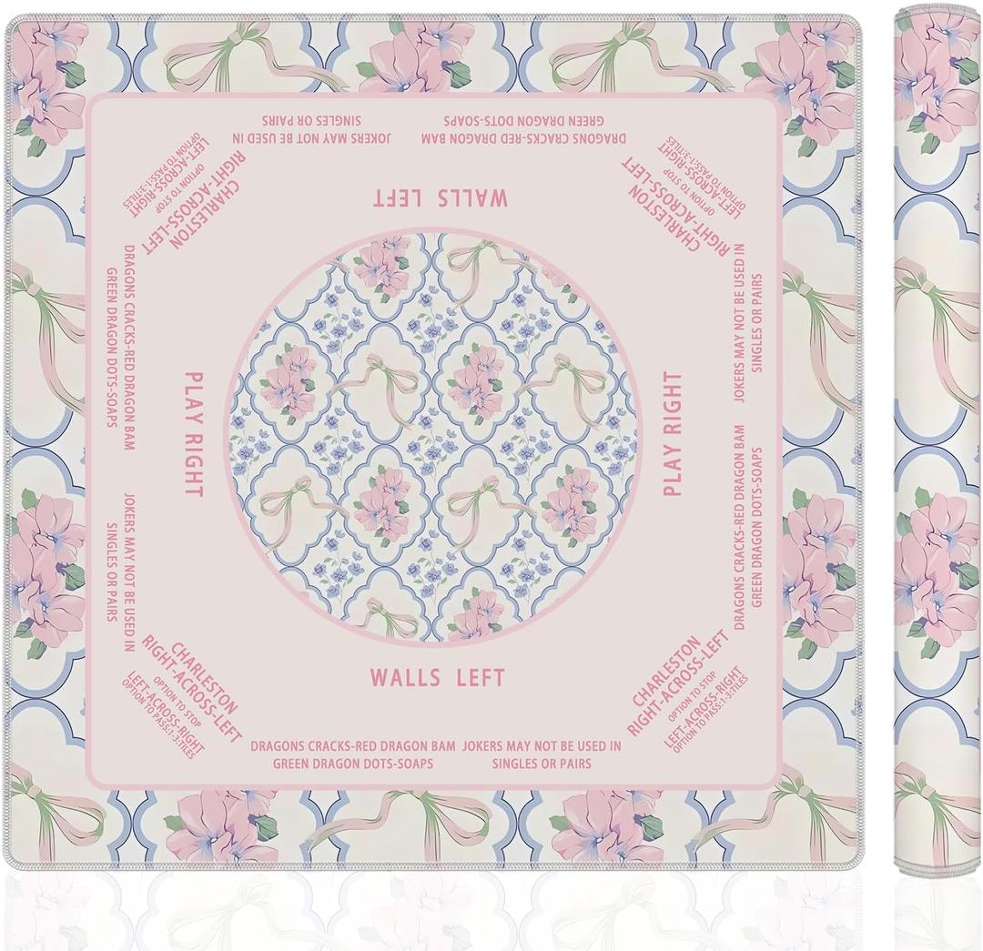 Cquwb Coquette Pink and Blue Floral Mahjong Mat 31.5"x31.5", Grandmillennial Cottagecore Flower Non-Slip Noise Reduction Gaming Mat for American Mahjong Poker Card Board Games Dominoes