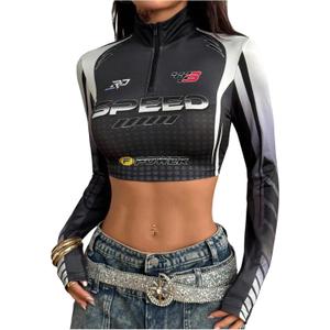 SweatyRocks Women's Racing Shirts Y2k Long Sleeve Half Zip Letter Graphic Crop Tops Black and Grey Large