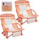 Beach Chairs for Adults 2 Pack,Heavy Duty Folding Low Back Camping Chairs w/Cooler Bag,Mesh Back,Cup Holder & Storage Bag,Compact Sling Chair for Lawn,Picnic,Travel,Orange Strip, Small