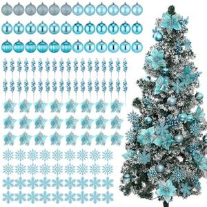 Ceenna 132 Pcs Christmas Tree Ornaments Set Glitter Poinsettia Flowers 2.36 inch Christmas Balls Snowflakes Decorations Artificial Berry Picks for Xmas Tree Wreath, Hooks Included (Light Lake Blue)