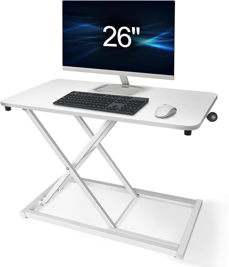 Compact 26 x 14 White Lift Standing Desk Converter, Manual Adjustable Height Sit Stand up Desk Riser, for Monitor or Laptop Workstation