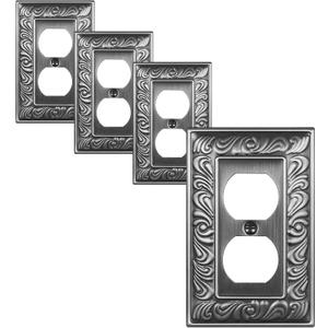 4-Pack Duplex Outlet Cover Plate, Paisley Pattern Antique Silver Metal Wall Plates for Electrical Outlets, 1 Gang Receptacle Cover, Pearls Decorative Switch Plates and Outlet Covers