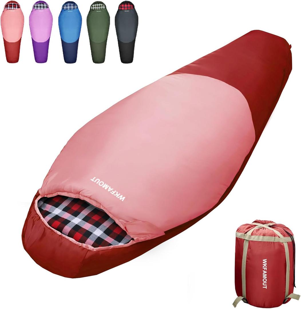 Cold Weather Mummy Sleeping Bag Flannel 0 Degree Winter Sleeping Bag Machine Washable Heavy Duty for Adults, Teenager with Compression Sack 4 Seasons for Camping Hiking Traveling (32F Under 6.56, RED)