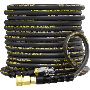 POHIR Pressure Washer Hose 50ft 4500PSI, Power Washer Hose Steel Wire Braided 3/8'' Swivel Quick Connect, 5/16'' ID. Commercial Grade Industrial High Pressure Water Washing Hose