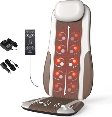 Shiatsu Back Massager with Heat, Massage Chair Pad Seat Cushion for Stress Relief, Deep Tissue Kneading & Roller, 2 Vibration Motors, Back Waist Hip Massager, PU Leather, Fit 5'1-6'0, with 2 Adapters