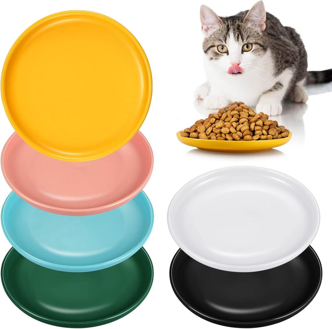 6 Pcs Ceramic Shallow Cat Food Dish 6 Inch Whisker Fatigue Free Round Bowls Wide and Small Pet Plate Feeding Bowls for Kittens and Short Legged Cat, Microwave and Dishwasher Safe