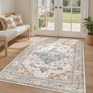 4x6 Area Rugs Washable Rug: Boho Large Neutral Vintage Soft Rug Stain Resistant Distressed Farmhouse Non-Slip Indoor Floor Carpet for Bedroom Entryway Nursery Kids Office Dining Room- Beige Blue