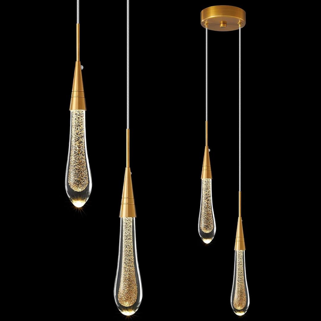 LMQNINE Pendant Lights Kitchen Light Fixtures Dimmable LED Modern Gold Pendant Light Mini Teardrop Crystal Pendant Lighting for Kitchen Island Bedroom Hallway Entryway (2-Light)