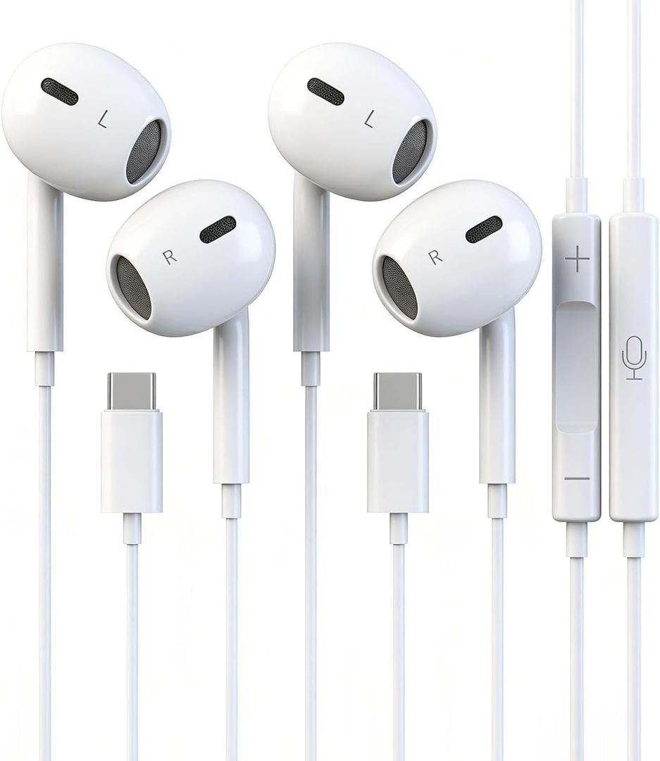 2 Pack Headphones with USB-C Plug, Wired Ear Buds with Built-in Remote to Control Music, Phone Calls, and Volume,Compatible for iPhone 15 16 17 Pro Max Plus