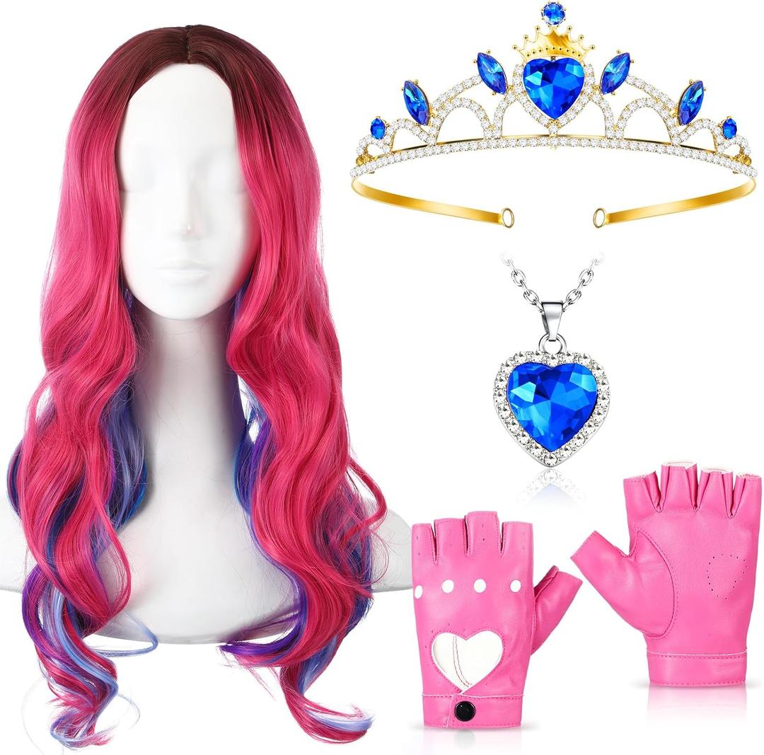 4 Pcs Halloween Costume Accessory Includes Wig, Crown and Heart Necklace, Heart Cutout Gloves (Novel, Pink)