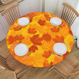 Round Table Cloth Fall Maple Leaf Tablecloth Elastic Edge Fitted Autumn Leaves Table Cover Fits Tables Up to 45"-50" Diameter