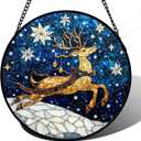 Stained Glass Window Hanging - Reindeer Blue Starry Sky Suncatcher for Doors Home Christmas Decoration Winter Sun Catcher Thanksgiving New Year Birthday Gifts for Women Men Mom Nana 6.3 in (Blue and Gold)