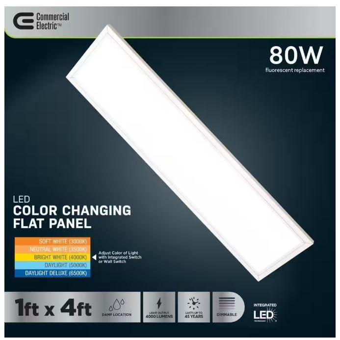 Commercial Electric 1 ft. x 4 ft. 4000 Lumens Dimmable White Integrated LED Flat Panel Ceiling Flush Mount Fixture with Selectable 5CCT FP1X4/6WY/WH/HDT