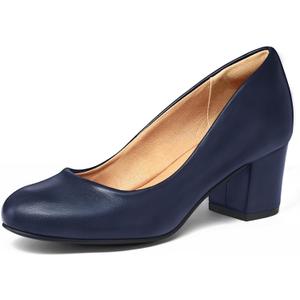 mysoft Women's Pumps Low Chunky Block Heel Round Toe Comfortable Dress Shoes (7, Navy Blue)