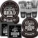 Funnymoom 400 Pcs Graduation Party Supplies Class of 2026 Graduation Paper Plate Napkin Cup Cutlery Congrats Grad Disposable Tableware Set for Grad Party Decorations, Serve 50 (Black)