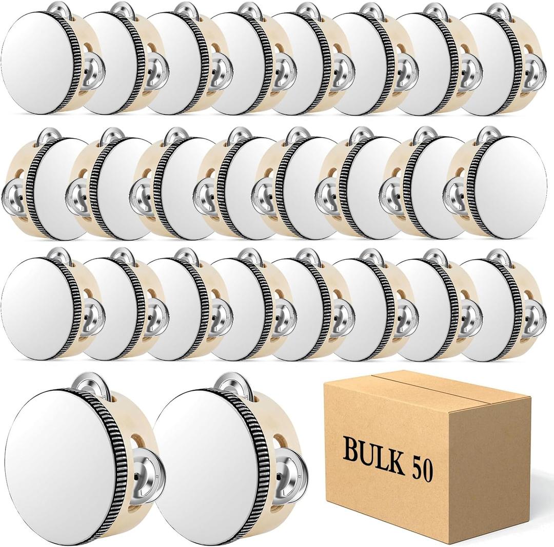 50 Pcs 4 Inch Mini Tambourines Bulk Wooden Hand Held Drums with Metal Jingles Tambourines Bulk Musical Instrument Tambourines for Adults,Church,Wedding Party Favors
