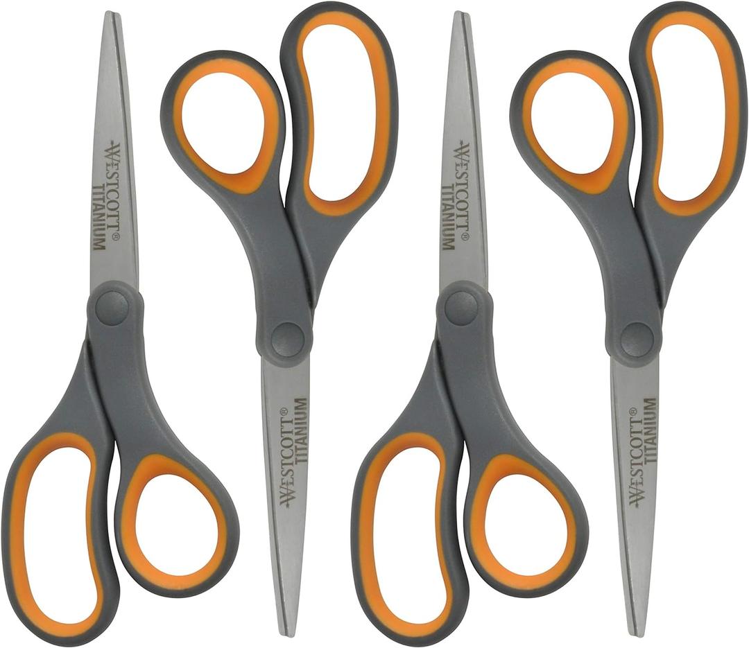 Westcott 8-Inch Titanium Bonded Straight Scissors, Soft Handle, Gray/Yellow, 4-Pack