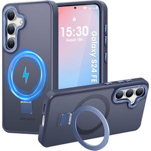 HuwaiH Magnetic Stand for Samsung Galaxy S24 FE Case, Military-Grade Protection, Anti-Fingerprint Anti-Scratch Translucent Matte Phone case for Samsung Galaxy S24 FE(Dark Blue)