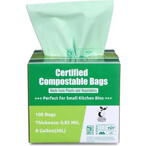 Primode Compostable Bags, 8 Gallon (30L) Food Scraps Yard Waste Bags, 100 Count, Extra Thick 0.85 Mil. ASTM D6400 Compost Bags Small Kitchen Trash Bags, Certified by BPI & TV AUSTRIA Primode Compostable Bags, 8 Gallon (30L) Food Scraps Yard Waste Bags, 100 Count, Extra Thick 0.85 Mil. ASTM D6400 Compost Bags Small Kitchen Trash Bags, Certified by BPI & TV AUSTRIA