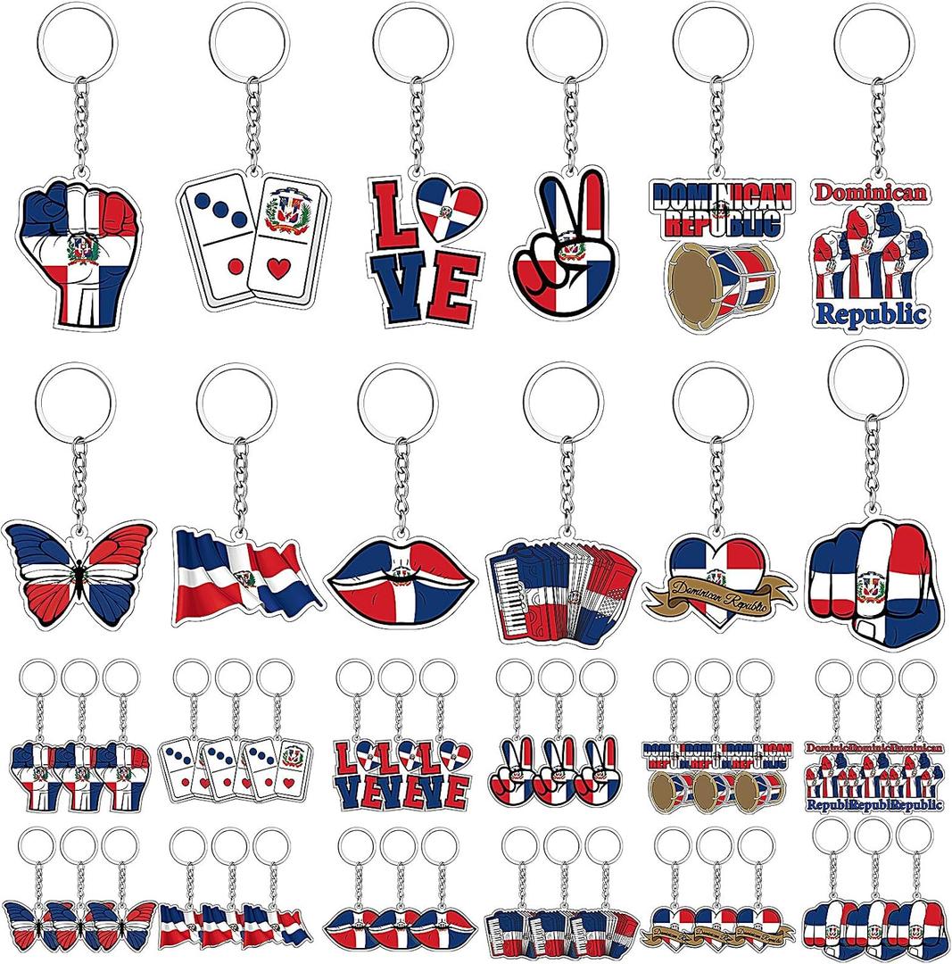 Kigeli 36 Pcs Dominican Republic Acrylic Keychains Dominican Flag Souvenirs Keepsake Gift Bulk National Day Party Favors Decorations for Friends Men Women Bag Charm National Day Supplies Travel Gift