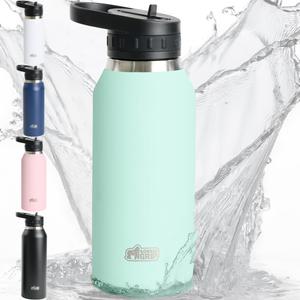 GORILLA GRIP Insulated Stainless Steel Water Bottle with Straw, 32 oz, Leak Proof BPA-Free Reusable Travel Bottles for Sports, School, Keep Drinks Cold, Dent Resistant Tumbler, Dishwasher Safe, Mint