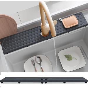 Fast Drying Stone Faucet Mat for Kitchen Sink with Raised Feet, Water Absorbent Diatomite Stone Sink Tray, Faucet Sink Splash Guard, Prevents Moisture Buildup, Durable Protector for Bathroom Counter (20" x 4", Dark Gray Style 1)