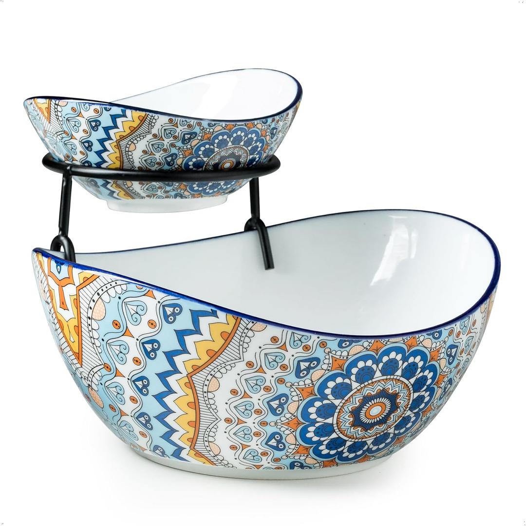 YHOSSEUN Chip and Dip Serving Set, 2 Tierd Serving Bowl Set Ceramic Chip and Dip Bowls with Stand, Serving Dishes for Entertaining Appetizer Serving Food Display Stand for Parties (Light-colored Boho)