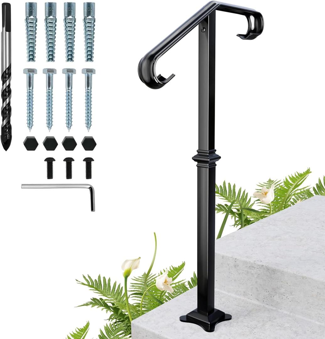 Single Post Wrought Iron Handrail Stair Railing Handrails for Outdoor Porch Railings Fits 1-2 Steps Transitional Concrete or Wooden Stairs with Base Texture Style