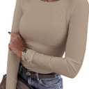PRETTYGARDEN Women's Fall Long Sleeve Shirts Basic Tees (Light Khaki,S) | Comfy Stretchy Ribbed Fabric, Slim Fitted Underscrub, Crewneck Going Out Tops, Plain Layering Clothes, Spring Casual Outfits