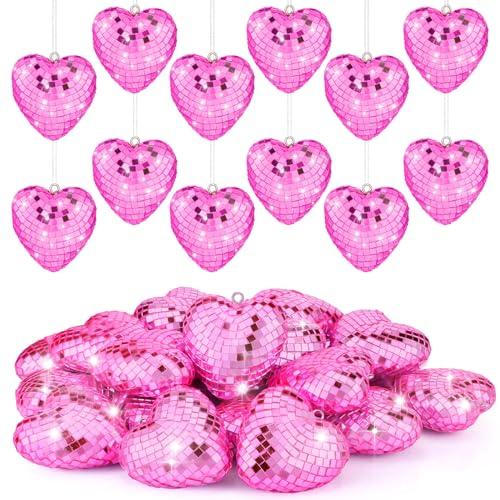 Ziliny 21 Pcs Heart Hanging Ornaments for Mother's Day Wedding Tree Disco Balls Mirror Disco Ball Decor Baubles Plastic Heart Decoration for Wedding Party Mother's Day Supplies (Pink)