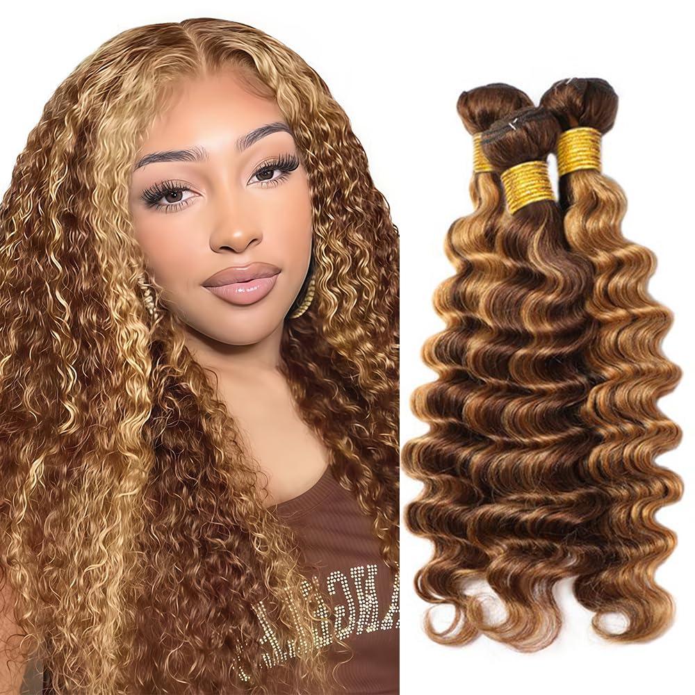 Ombre Highlight Deep Wave Bundles Human Hair Honey Blonde 3 Bundles Human Hair 30 32 34 Inch Soft and Healthy Unprocessed Virgin Remy P4/27 Brown Bundles