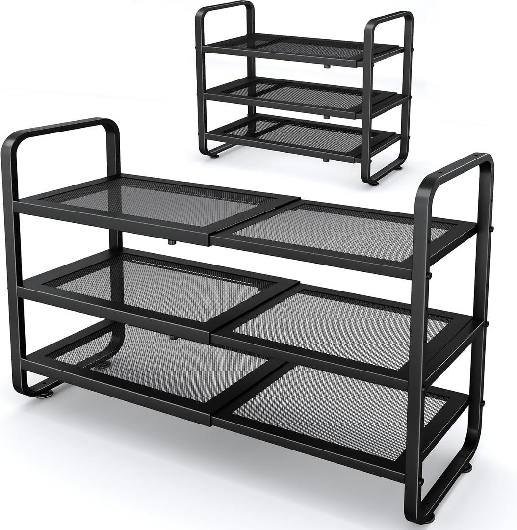 SNTD Shoe Rack - Expandable Shoe Organizer for Closet, Adjustable Metal Shoe Shelf Storage, Stackable Long Shoe Stand Holder for Garage, Entryway, Door Entrance (Black, 3-Tier)
