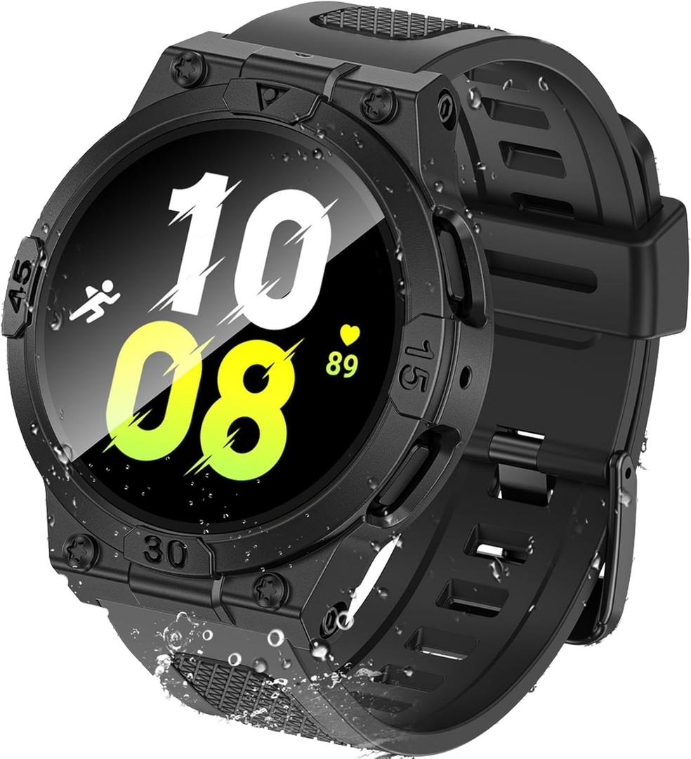 Goton [3 in 1 Waterproof Case and Band for Sumsung Galaxy Watch 5 & 4 44mm, 360 Protective Hard PC Front & Back Bumper with HD Tempered Glass Screen Protector for Samsung Watch Cover Accessories (Matte Black)