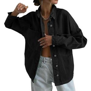 Tankaneo Womens Oversized Denim Shirt Jacket Button Down Long Sleeve Fall Casual Jean Shackets (Small, Black)