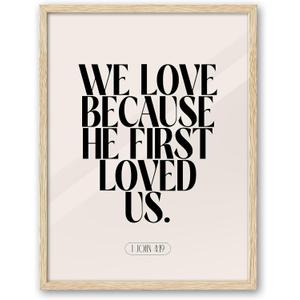 iHery Natural OAK Wood Jesus Framed Wall Art, 12x16 in John 4 19 Christian Modern Bible Verses Canvas Art, We love because He first loved, Beige Logs Boho Scripture 1Pack for Living Room Bedroom (16L" x 12W", Beige Framed John)