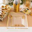 Goodluck 352 Pieces Clear Gold Dinnerware Set for 50 Guests, Clear Square Plastic Plates with Gold Trim, Include: 100 Gold Plastic Plates, 50 Rolled Napkins, 50 Cups, 50 Cutlery Set and 2 Tablecloth