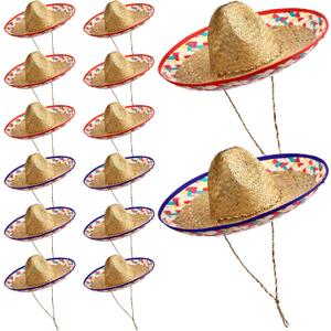 Mumufy 12 Pcs Sombrero Hats for Adult Men Women with Chinstrap Straw Hat Mexican Costume Party(Classic Color)