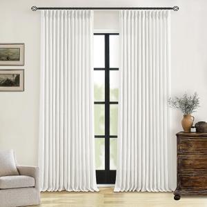 Beige White Linen Curtains 108 Inches Long 2 Panels Set for Living Room Neutral Boho Thick Linen Textured Pinch Pleated Memory Shape Light Filtering Ceiling Semi Sheer Window Curtain Hook Rings Ivory