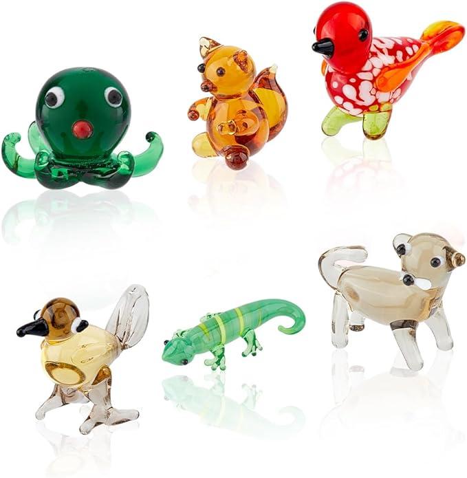 6Pcs Hand Blown Glass Figurines Miniature Animal Decor Colorful Glass Bird Octopus Cat Chameleon Squirrel Display Decorations for Home Office Collectible Gifts